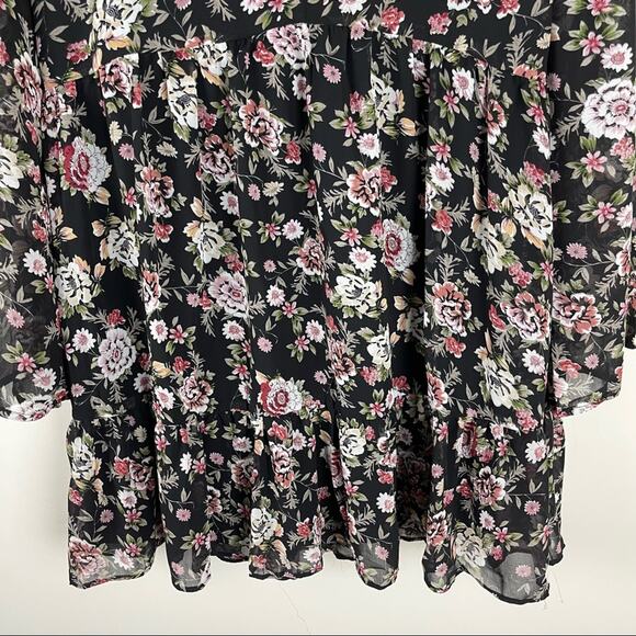 Entro black pink floral chiffon ruffle boho cottagecore midi dress large - Picture 3 of 9